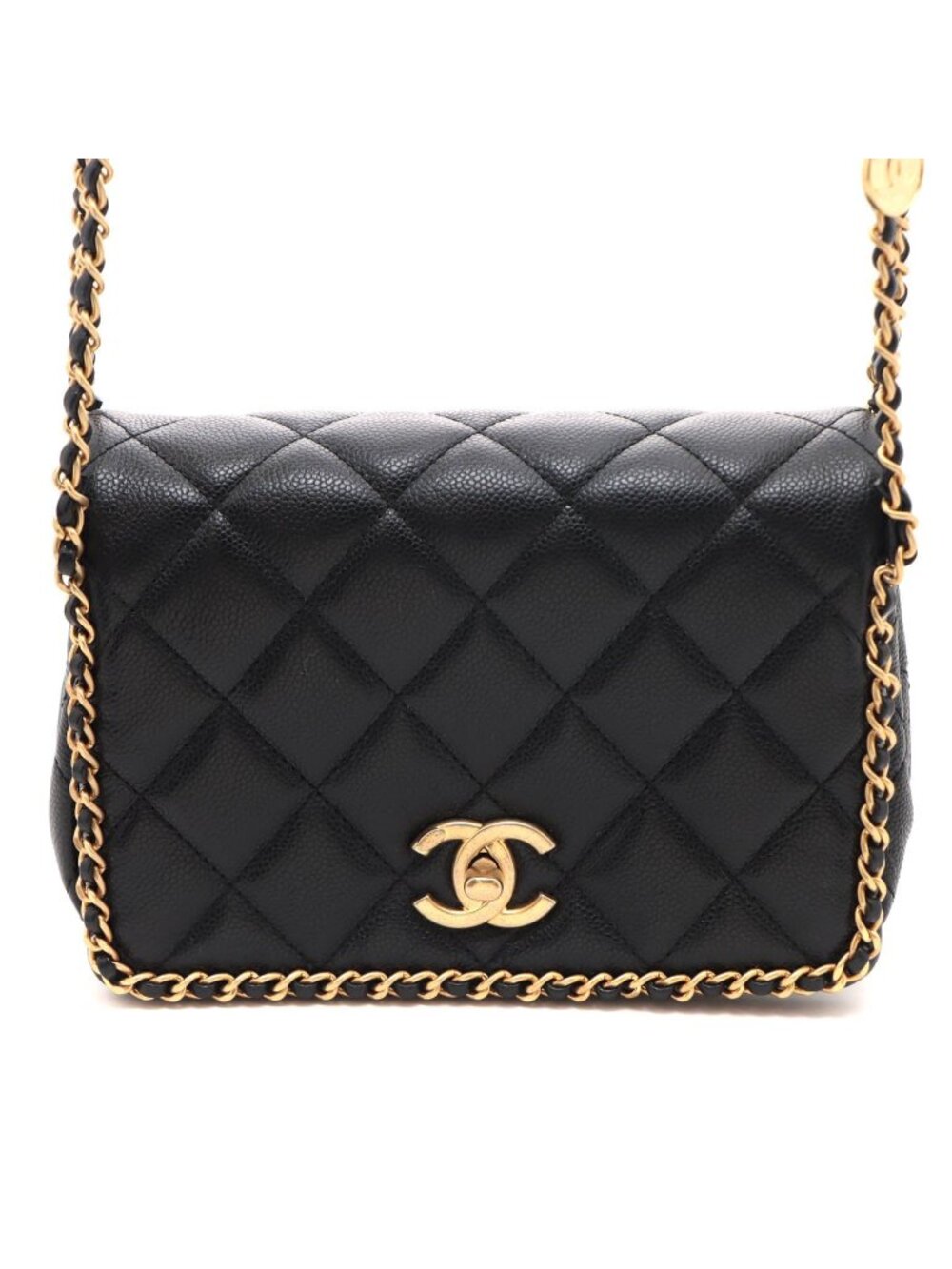 Chanel Quilted Chain Trim Full Flap Shoulder Black Bag Caviar Leather
